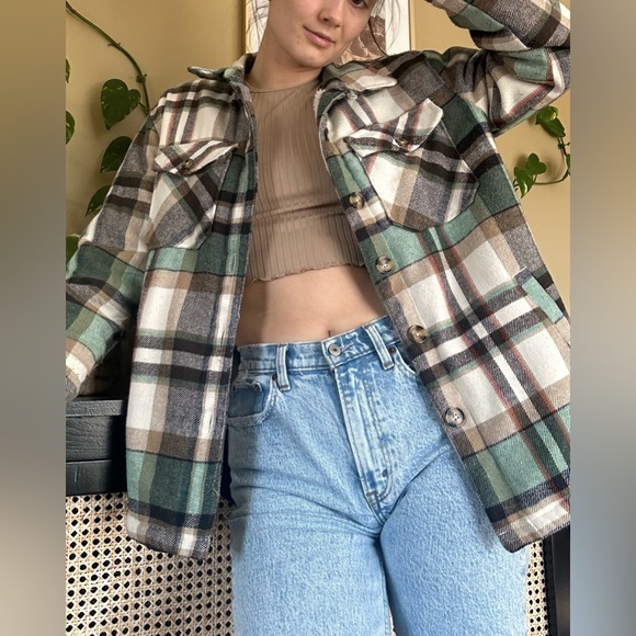 Oversized Lined Plaid Shirt Jacket Shacket - Picture 4 of 4